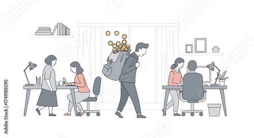 Concept of Unfair Salary Distribution Businessman Carrying Heavy Bag of Money Away From Office Workers