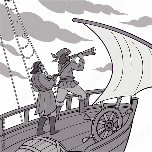 Vector art of two pirates on a sailing ship, scanning the horizon with a telescope the ship is sailing on the ocean with cloudy sky in monochrome style