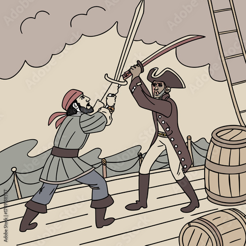 Vector art of two pirates are fighting with swords on the deck of a ship, with a barrel and a ladder next to them, under the cloudy sky with a rope fence