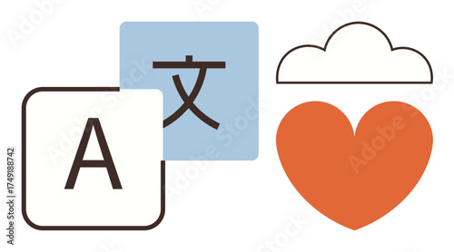 Alphabet and character icons with heart and cloud symbols highlight diversity, connection, and compassion. Ideal for language learning, communication, globalization, technology, education