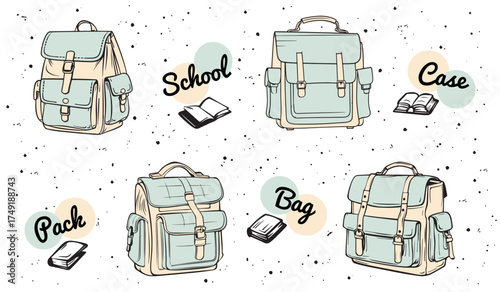 School Bags Set For Coloring Books - Vector Cartoon Style Illustrations Isolated On White Background