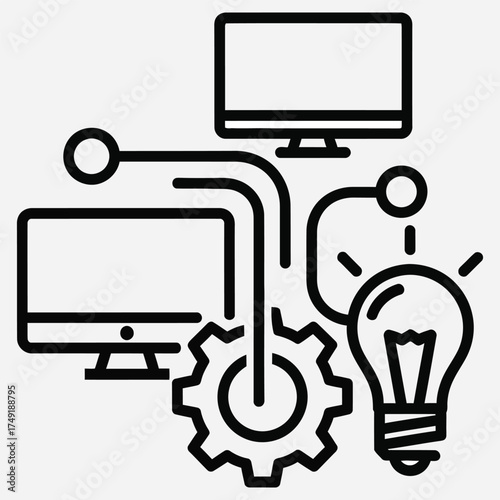 Abstract vector illustration of technological development and innovation process with interconnected systems, data flow, and creative ideas, represented by computers, a gear, and a light bulb