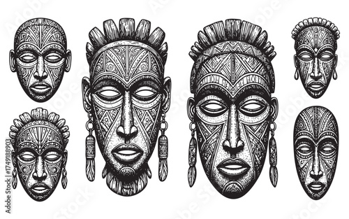 African Masks, a Collection of Hand-Drawn Tribal Ritual Masks with Detailed Ethnic Patterns,Vintage Engraving Style