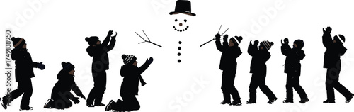 Silhouette of children building snowman in winter, happy kids playing in snow, fun outdoor activity, cold weather joy