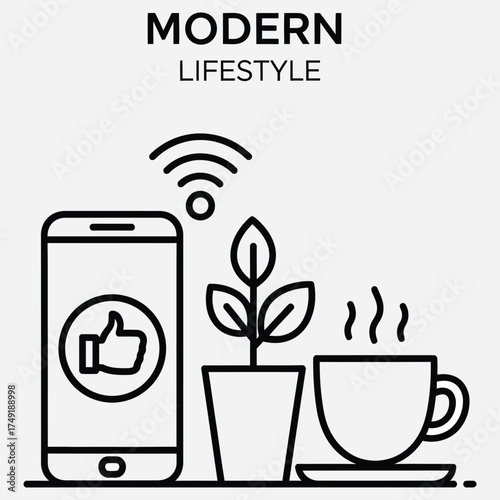 Modern Lifestyle Smart Phone, Plant, and Coffee Illustration