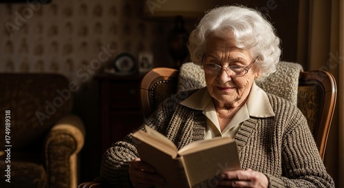 Smiling senior woman with glasses sitting at home reading a book