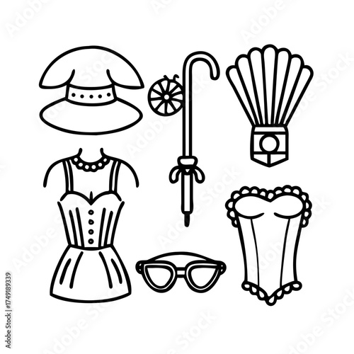 Outlined steampunk accessories, including corset