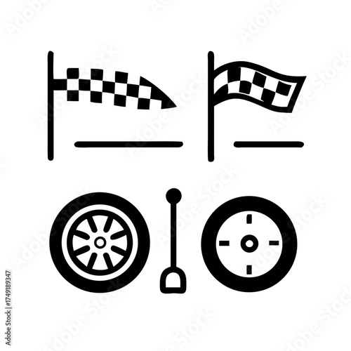 Racing icons featuring checkered flags and wheel