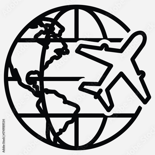 Travel the World Globe and Airplane Icon Representing Worldwide Journeys and Adventure Destinations