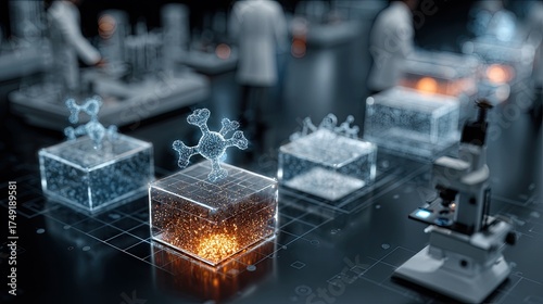 Innovative scientists explore molecular structures and data visualization in a futuristic high-tech laboratory setting, driving scientific discovery and advanced research.