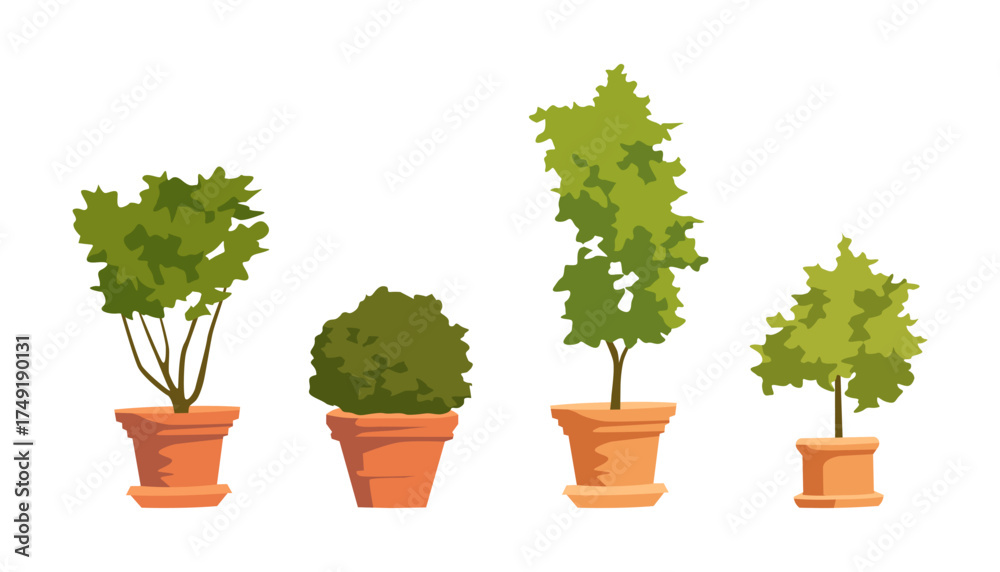 Obraz premium Set of green potted plants in flat vector style