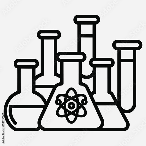 Vector line art icon depicting a set of chemistry lab equipment, including beakers and flasks with an atomic symbol for scientific discovery