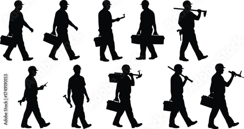 Silhouette of construction workers walking with toolboxes, hammers, tools, hard hats, industrial labor force, teamwork, engineering and safety gear.
