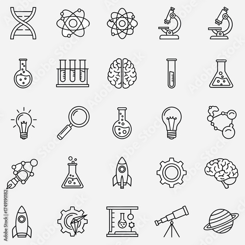Science and Technology Icons Exploration of Scientific Concepts and Innovations in a Minimalist Style
