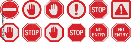 Red Stop Hand Sign in Octagon Shape No Entry Symbol
