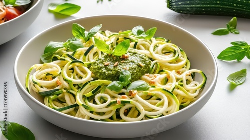 Fresh Zucchini Noodles with Pesto and Basil in a White Bowl, Healthy Vegetarian Meal, Close-Up, Bright Lighting, Culinary Photography