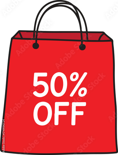 Shopping bag with 50% discount tag in minimalist design.Shopping bag with fifty percent discount isolated on transparent background.