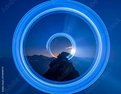 Blue light painting framing a mountain peak with a glowing sky and sea