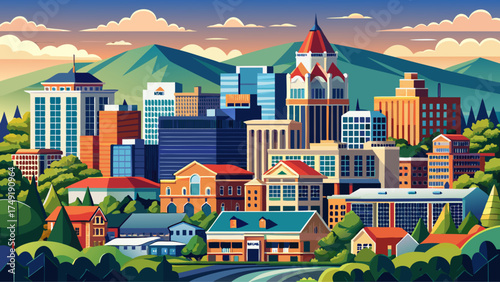 Very beautiful Roanoke, Virginia, USA downtown skyline, vector-style cityscape capturing mountain backdrop, architectural detail, and vibrant small-city charm.