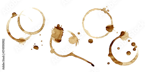 Vector coffee cup stains on transparent background. Circle prints and stains for vintage design.