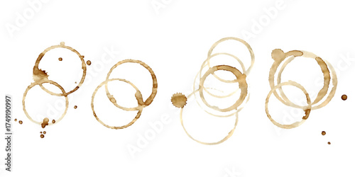Vector coffee cup stains on transparent background. Circle prints and stains for vintage design.