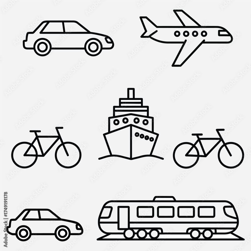 Fototapeta premium Transportation icons Car, Bike, Airplane, Boat, Train & more