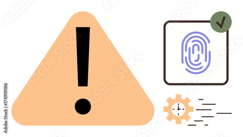 Warning sign with exclamation mark, fingerprint authentication icon, ticking gear for speed. Ideal for cybersecurity, access control, data protection, time management, efficiency, digital systems