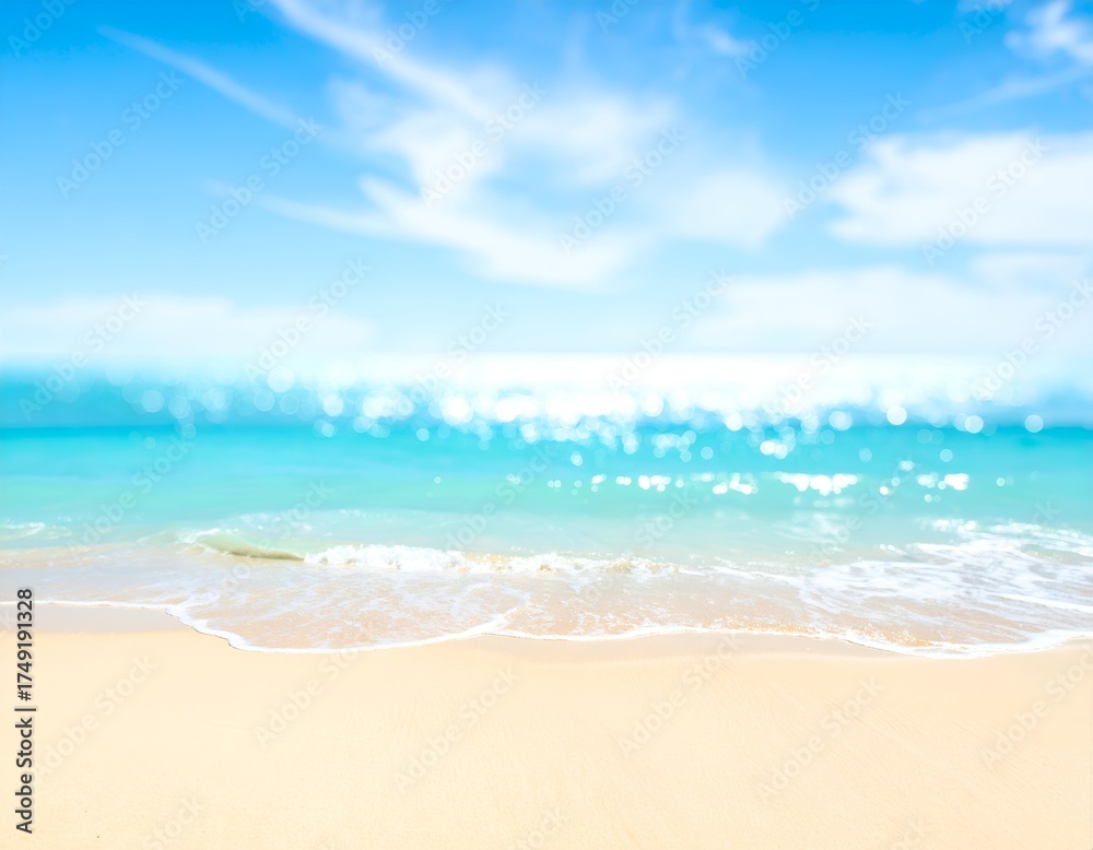 Fototapeta premium Blurred beach scene with golden sand, shimmering turquoise water, and bright blue sky