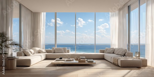 Modern living room interior design with large window overlooking ocean view