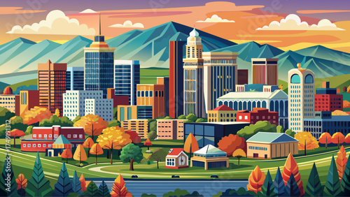 Very beautiful Roanoke, Virginia, USA downtown skyline, vector-style cityscape capturing mountain backdrop, architectural detail, and vibrant small-city charm.