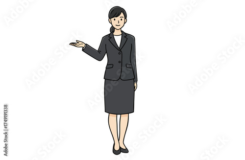 右手で案内するスーツ姿のビジネスウーマン（全身・シンプルカラー）