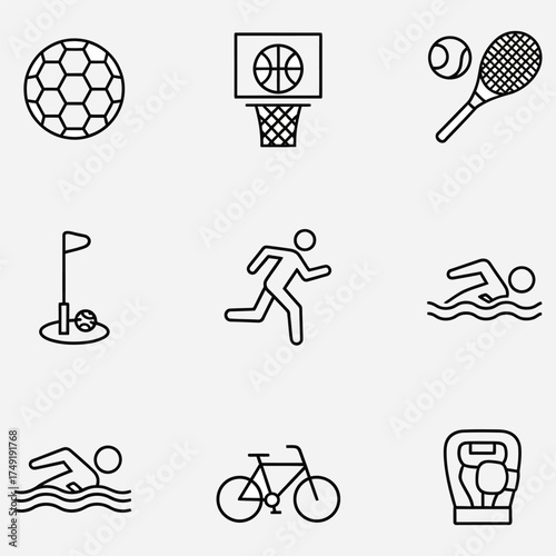 Set of minimalist outline icons for sports and fitness, including soccer, cycling, tennis, and swimming vector illustrations