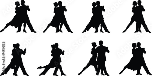 Silhouette of couples dancing tango, romantic ballroom poses, elegant movement, love expression, artistic dance performance, rhythm and passion concept illustration