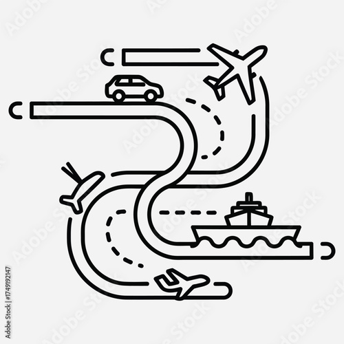 Global transportation network with different modes of transport cars, planes, and ships for travel and logistics