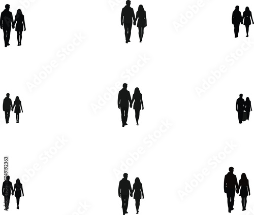 Silhouette of couples walking hand in hand, romantic relationship illustration, love connection concept, togetherness unity, partnership design vector