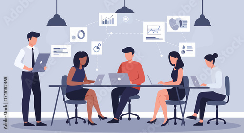 Dynamic team collaborating on data analysis with laptops in modern office, presenting charts and graphs, driving business growth and success