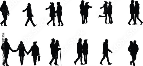Silhouette of couples walking together, romantic people holding hands, man and woman enjoying love relationship and companionship outdoors in winter
