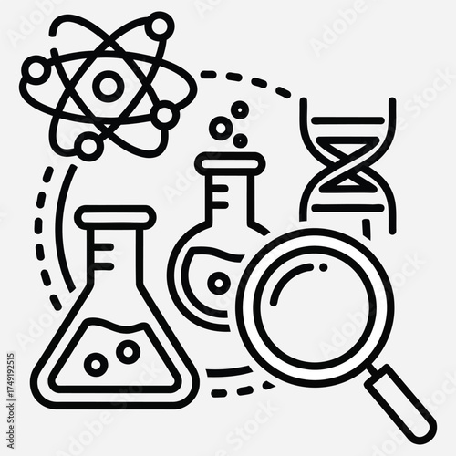 Vector illustration of scientific research and discovery elements atom, DNA helix, laboratory flasks, and magnifying glass, symbolizing analysis, innovation, and education