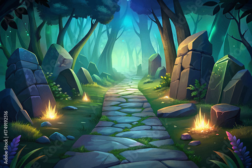Ancient stone road glowing with runes through enchanted forest wallpaper vector background, fantasy mystery and magic concept.