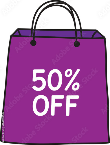 Shopping bag with fifty percent discount symbol on white background.