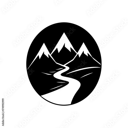 Mountains and river circle design on transparent background silhouette