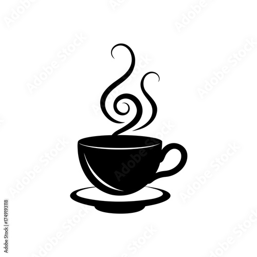 Silhouette of a steaming coffee cup on transparent background