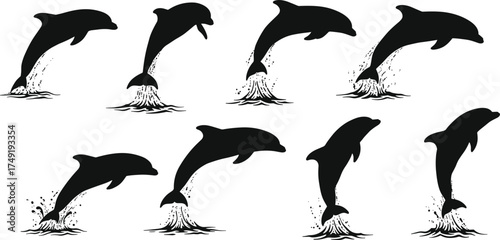 Silhouette of dolphins jumping out of ocean waves, aquatic mammals in motion, sea life illustration, marine wildlife, nature concept, vector design