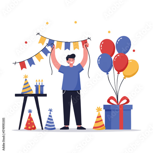 Happy person in a flat 2D vector illustration prepares for a birthday celebration, hanging vibrant banners and balloons in a room with a gift box and party hats.