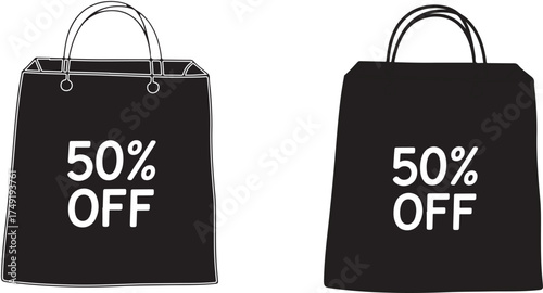 Shopping bag with discount tag showing fifty percent off sale. Vector black icon.Shopping bag with fifty percent discount isolated on transparent background.