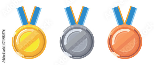 Gold silver bronze medals with prohibition symbol crossed circle ban sign competition achievement blocked victory restriction vector illustration isolated on white background