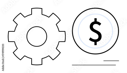 Gear symbolizing efficiency beside coin with dollar sign reflecting financial matters. Ideal for business, productivity, investment, planning, operations, innovation, management. Simple flat metaphor