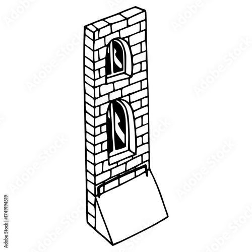 architectural outline: two-story brick wall and windows