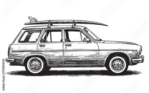 Vintage Station Wagon with Surfboard