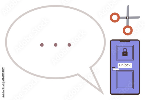 Speech bubble expressing thought, scissors for cutting ties, and a locked door labeled unlock . Ideal for communication, problem solving, decision making, liberation, opportunities, creativity